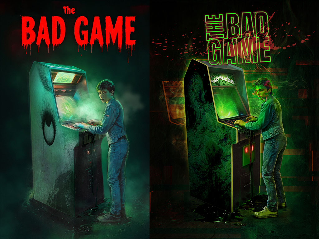 Primer boceto de portada (izquierda) y prueba de título con glitch.