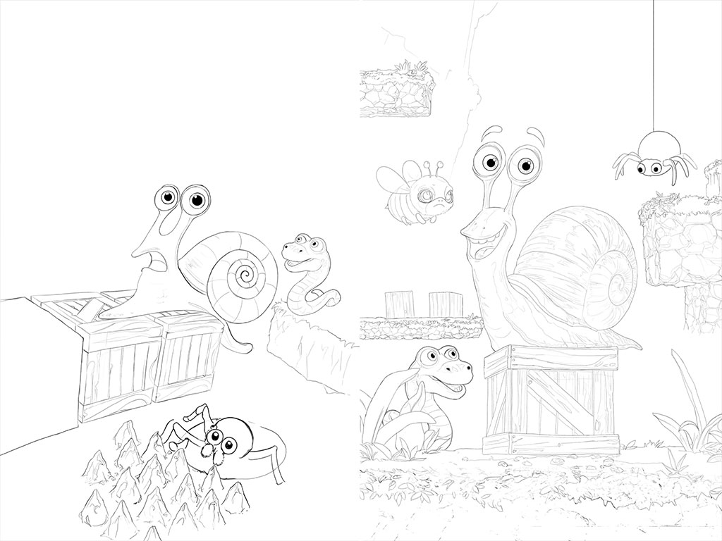 A la izquierda: primer dibujo con una composición parecida a la de Robots Rumble. A la derecha: dibujo con la composición definitiva.