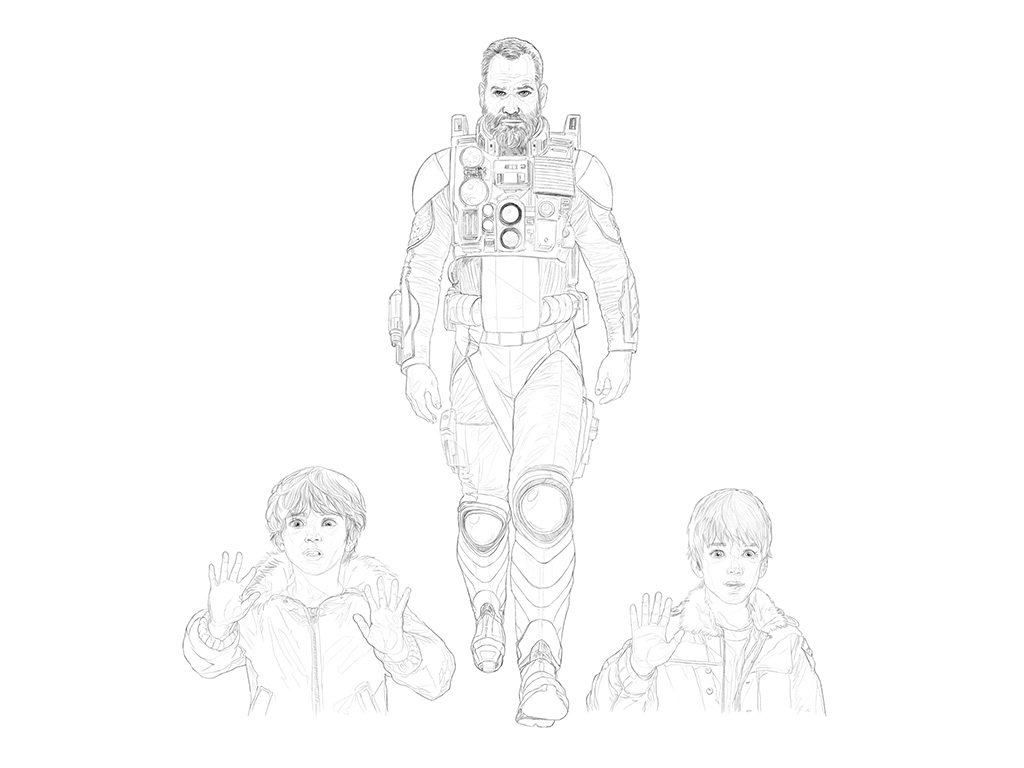 Dibujo a lápiz de los personajes de la portada