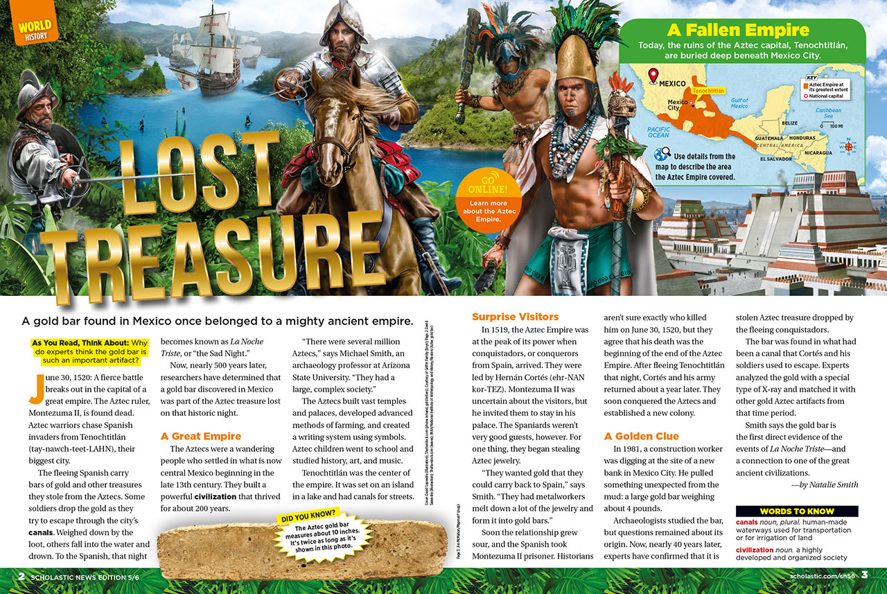 Doble página del artículo interior Treasure Lost en Scholastic News 5/6 del 30 de marzo de 2020.