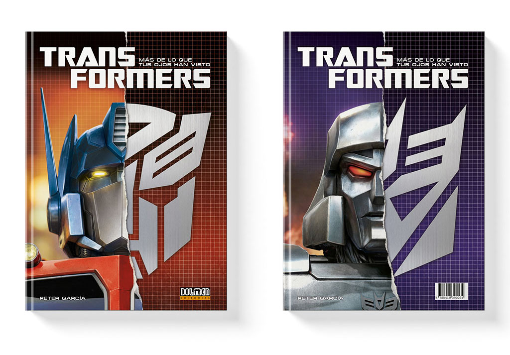 La portada del libro con Optimus Prime y la contraportada con Megatron