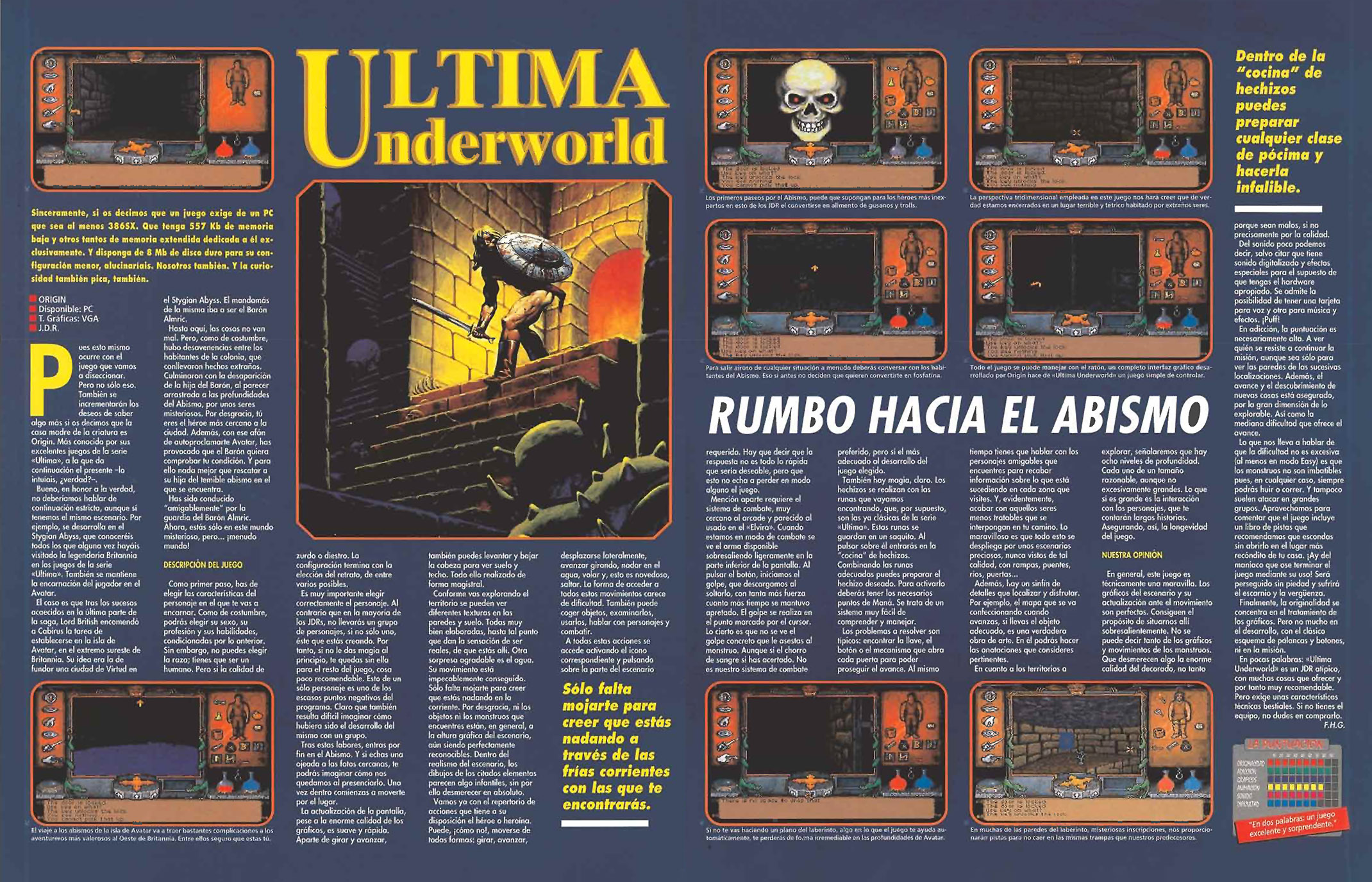 Doble página de la Micromanía número 54 de la 2ª Época con el artículo sobre Ultima Underworld.